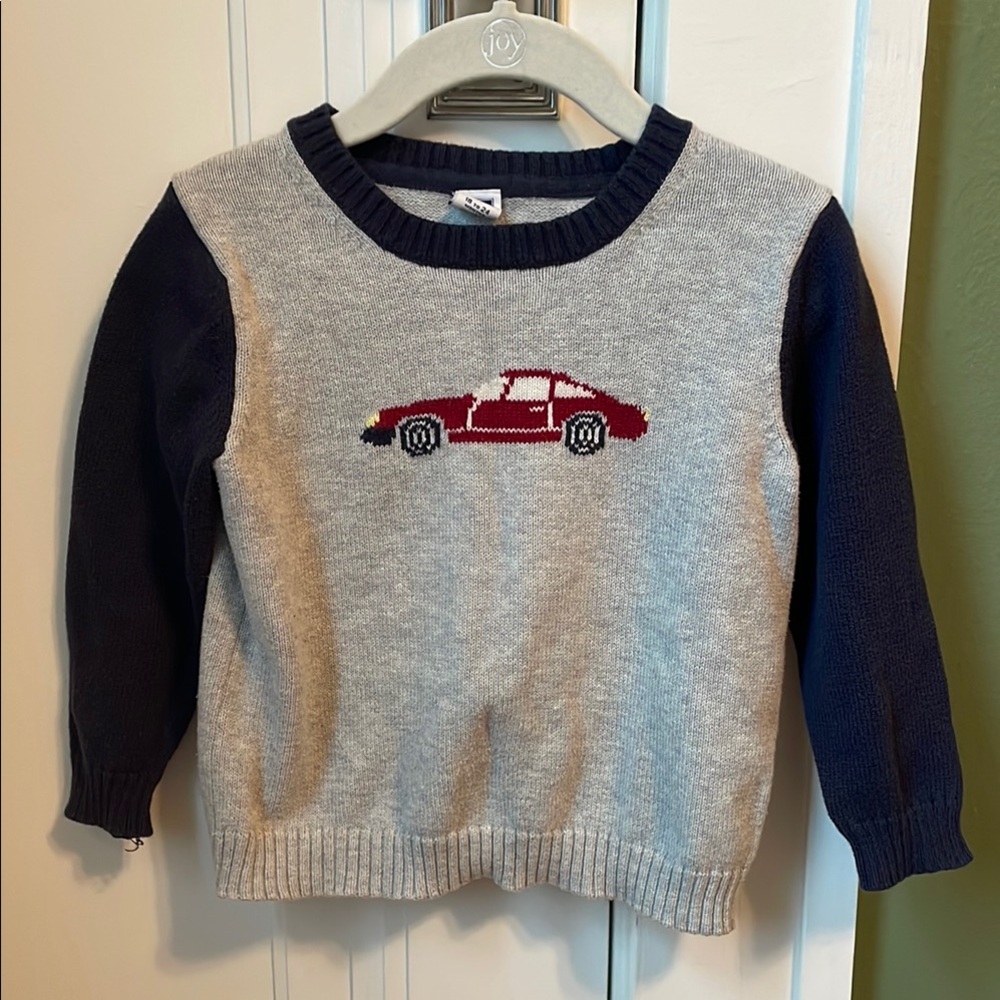 Gray and Navy Kids Sweater with Red Car Design